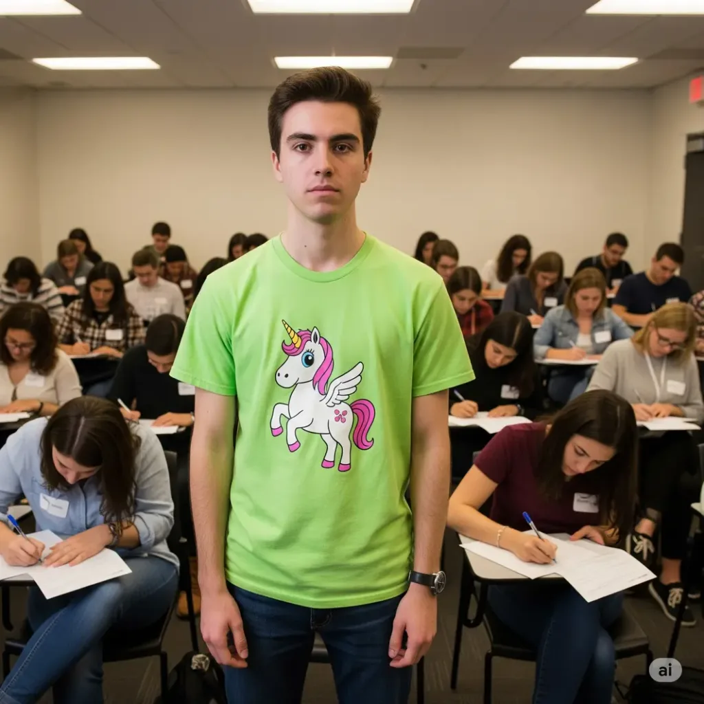 Boy with a embarasing T-shirt standing in class but no one paying attention as he thought